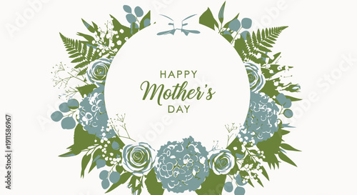 Happy Mother's Day floral wreath with green leaves and blue flowers isolated on transparent background