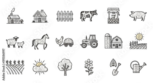 Agricultural farm icons and objects.