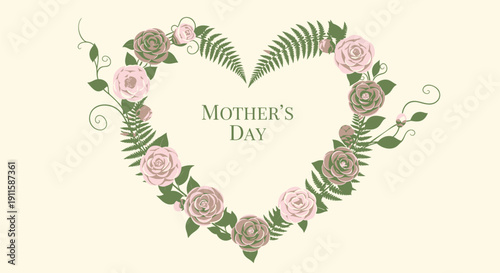 Vector heart shaped floral wreath with pink roses and green leaves on beige background for Mother's Day