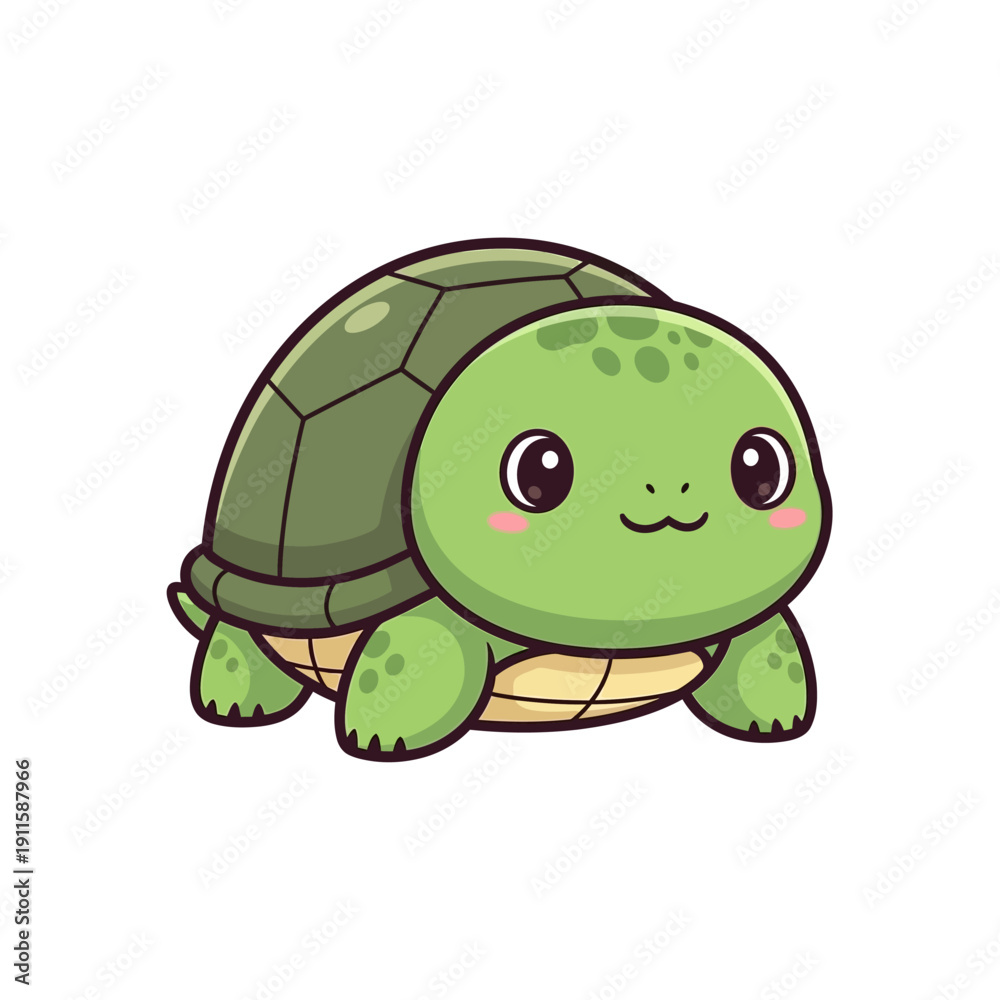 Obraz premium A cute cartoon baby turtle with a green shell and big eyes, smiling.