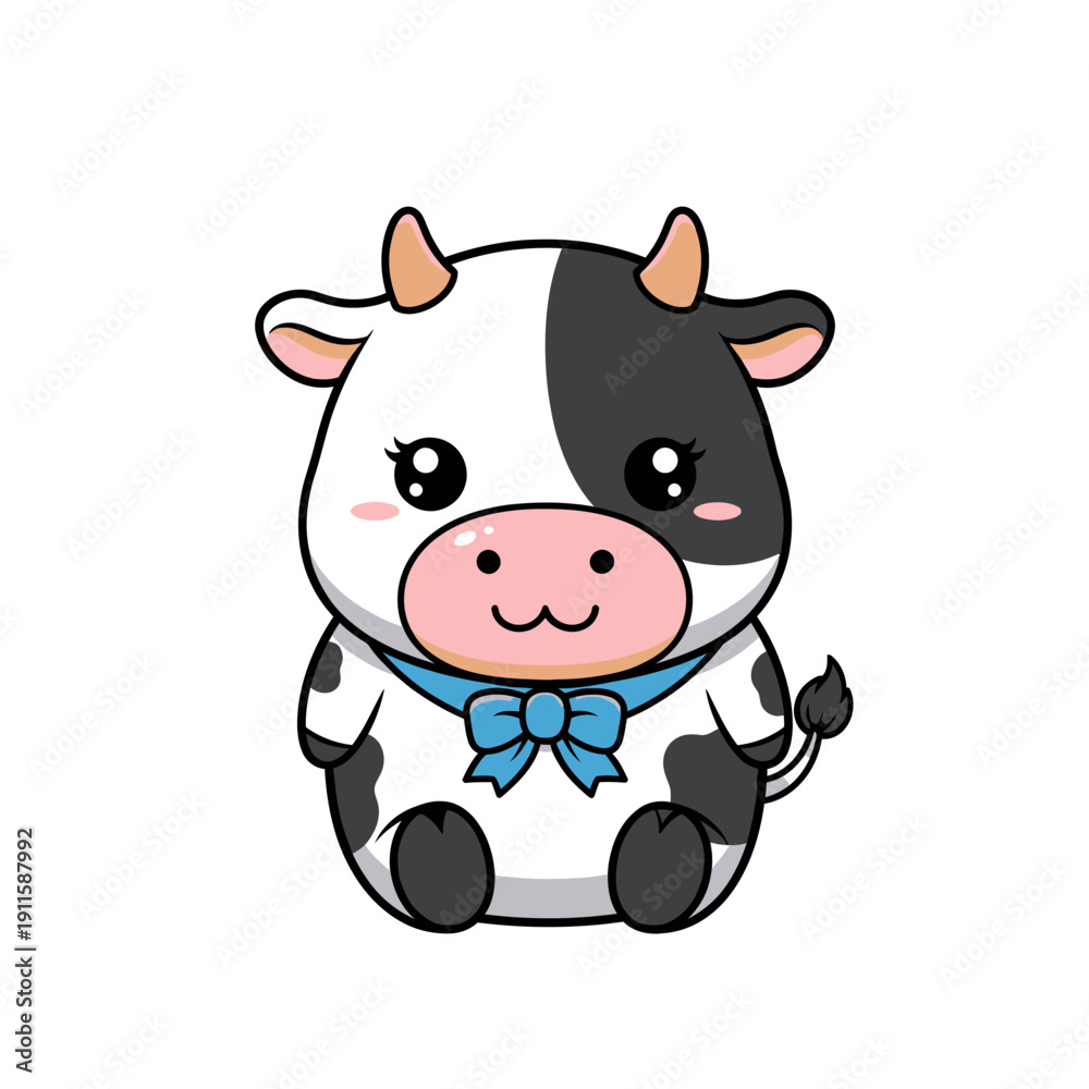 Fototapeta premium A cute cartoon black and white cow with a blue bow sitting down.