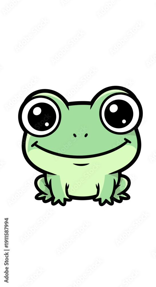 Fototapeta premium Cute cartoon green frog with big eyes and a happy smile, sitting frontally on a white background, simple illustration.