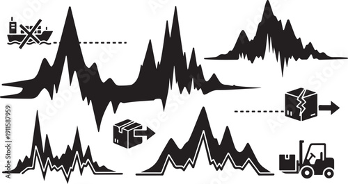 Black and white graph and shipping icons illustration set