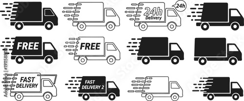Set of various truck icons representing speed, delivery, and logistics services, including '24h' and 'Free' labels