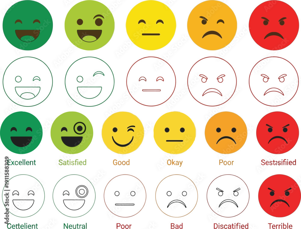 Fototapeta premium Various emotion icons and face symbols representing customer satisfaction levels from excellent to distressed and other expressions