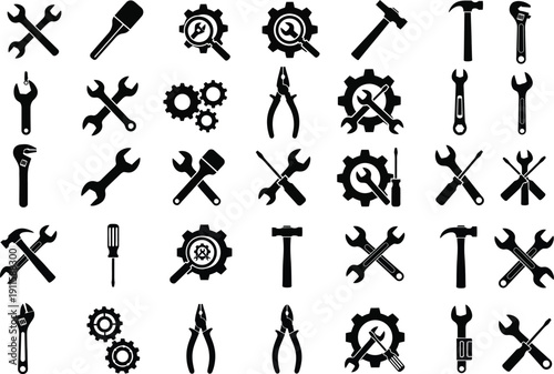 Versatile black silhouette tool icons collection for repair, construction, and maintenance. Essential graphic elements for DIY projects, engineering, and home improvement designs