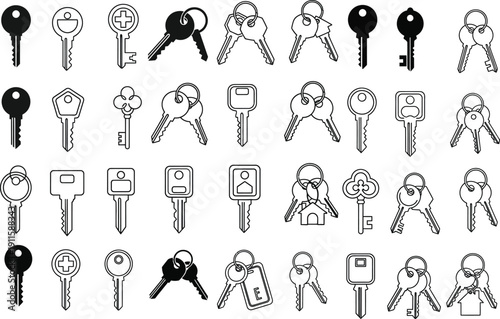 Comprehensive vector collection showcasing diverse key icons and keychains, illustrating various styles for security, access, and unlocking concepts in graphic design projects