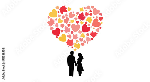 A colorful shapes and a couple embracing beneath its branches