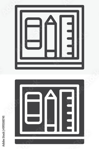 Ruler pencil eraser icon set with stationery tools in line, outline and solid styles. Editable stroke vector icon sign, symbol for design, drafting and creativity.
