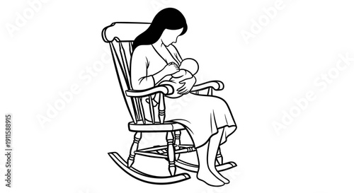 Mother breastfeeding baby while sitting in a rocking chair.