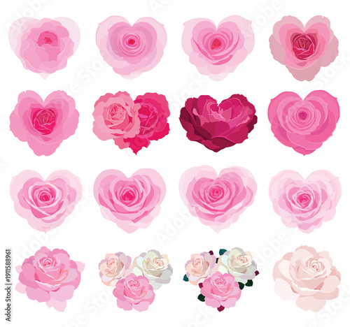 Rose flowers. Vector illustration. Roses in pink color, icons for design. Flower with petals. Love, romance flowers. Vector icons. Love symbol. For gifts, Valentine's Day, birthday, cards, decoration