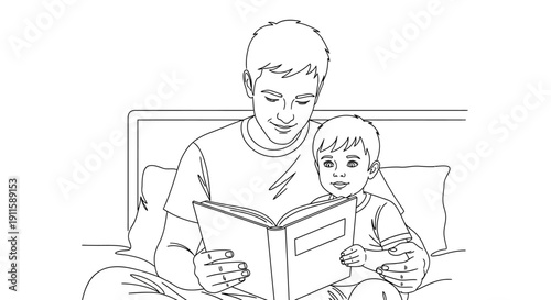 Father reading a book to his young son on the bed together.