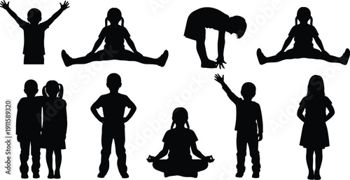 Collection of Children Silhouettes in Various Yoga, Stretching and Standing Poses Isolated on White Background Representing Healthy Childhood, Friendship and Active Lifestyle Concepts