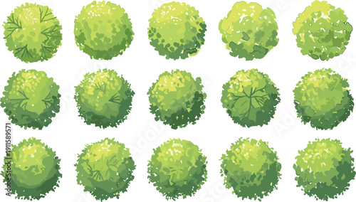 High Angle View Vector Tree Plan Symbols Set for Architectural Site Map, Landscape Design Illustration, Green Forest Canopy Icons for Urban Garden Planning