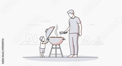 Father and son having a barbecue together outdoors.