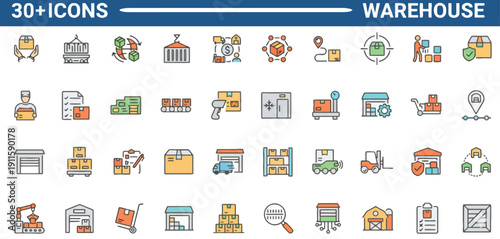 Collection of warehouse icons featuring industrial and logistical elements in a flat design style
