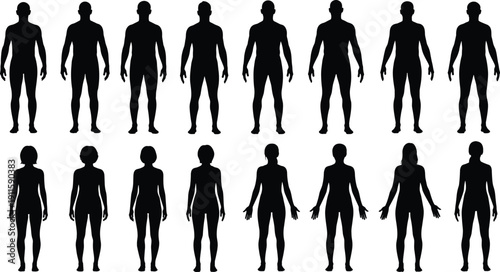 Collection of male and female human body silhouettes front view isolated on white background anatomy reference set for medical fitness design use