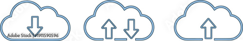 Set of blue outline cloud computing icons with upload and download arrows representing data storage network synchronization information technology infrastructure and remote server access