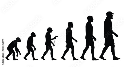 Humans evolution sequence with primitive ape to modern man... featuring human development, silhouette, black and white with human history and anthropology elements for biology, transformation
