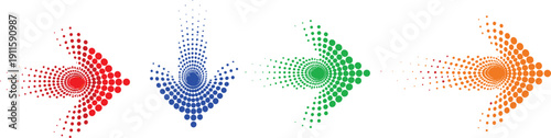 Set of colorful halftone dot arrow icons representing digital motion direction progress tracking data flow speed and creative graphic design elements for modern business presentations