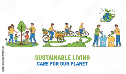 Eco-friendly lifestyle vector illustration with people recycling and planting trees in green living concept