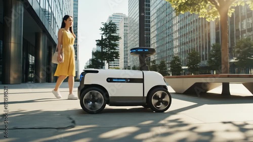 Autonomous delivery robot and woman walk in modern city