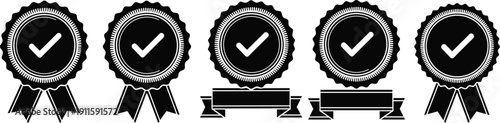 Set of Five Black Quality Guarantee Badges Featuring Checkmark Symbols Ribbons and Jagged Edges for Product Certification Award Recognition Customer Trust and Marketing Promotion