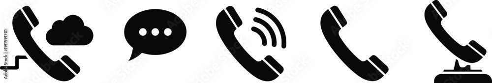 Fototapeta premium Set of Black Communication Icons Featuring Telephone Handsets Chat Bubbles and Cloud Calling Symbols for Customer Support Help Desk Contact Us and Telecommunication Services