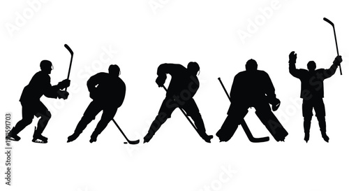 Hockey players silhouetted set with various hockey stick poses and actions featuring silhouettes, sports, winter sports with athletes and dynamic movements elements for black silhouettes, white