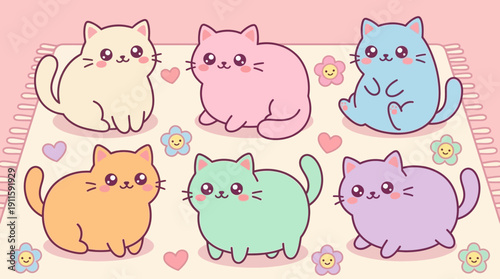 Adorable Pastel Cat Illustration Set on a Cozy Pink Rug, Featuring Six Cute Kittens with Big Eyes and Sweet Expressions