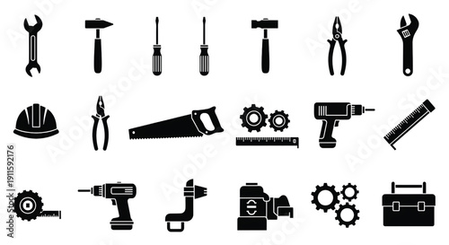 Tools set with wrenches, hammers, screwdrivers, pliers, saw, drill, and other equipment for construction and repair featuring toolbox, hardware, maintenance with DIY elements, clean composition on