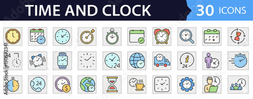 Collection of thirty diverse clock and time icons representing various aspects of time management and scheduling displayed on a grid layout.