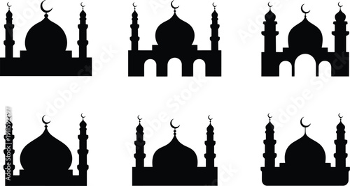 Collection of six minimalist mosque silhouettes with domes and minarets, perfect for Islamic design elements