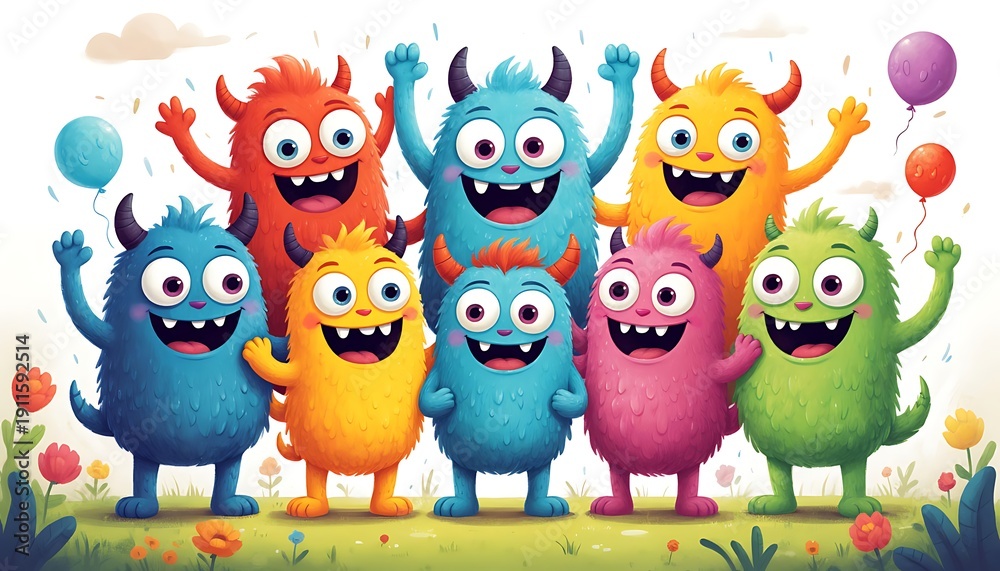Fototapeta premium colorful fluffy creatures with horns and big eyes