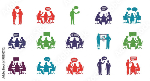 Business meeting icons representing collaboration and discussion.
