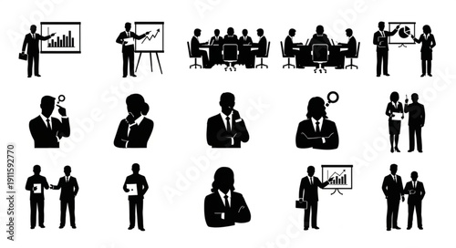 Business meeting and presentation icons silhouette set.