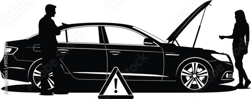 Car breakdown roadside emergency silhouette, man and woman checking engine with warning sign, vehicle trouble concept, black and white illustration