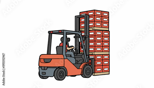 A cartoon illustration of an orange forklift truck with a driver, carrying a tall stack of red boxes on a pallet.