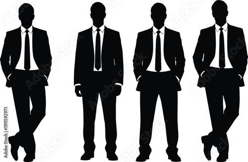 Businessman silhouettes standing poses set, professional men in suits with confident posture, corporate leadership figures isolated on white background