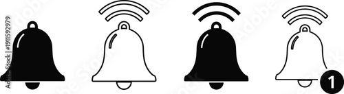 Set of notification bell icons with sound waves and alert badge representing digital messaging incoming call social media updates alarm systems and user interface alerts