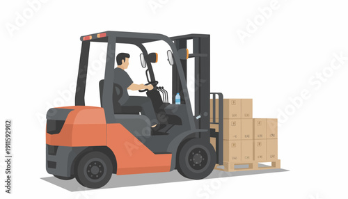 A man operating an orange and grey forklift, moving stacked cardboard boxes on a wooden pallet in a warehouse setting.