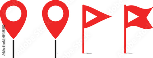 Foto Set of Red Map Pin Location Markers and Destination Flag Icons for Navigation GP