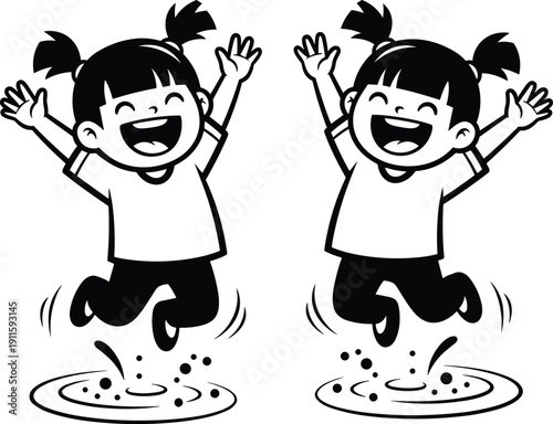 Cute Cartoon Twin Girls Jumping in Puddles with Joyful Splash, Black and White Line Art Illustration for Childhood, Rainy Day,