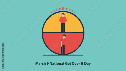 National Get Over It Day March 9 concept showing emotional progress from struggle to confidence, symbolic flat vector illustration about resilience, personal growth, mindset change and overcoming chal