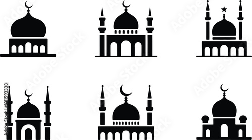 Six stylized mosque silhouettes, offering various designs with domes and minarets for Islamic contexts