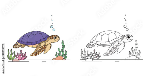 Cute cartoon sea turtle swimming underwater vector illustration with black and white outline for coloring book page or educational worksheet