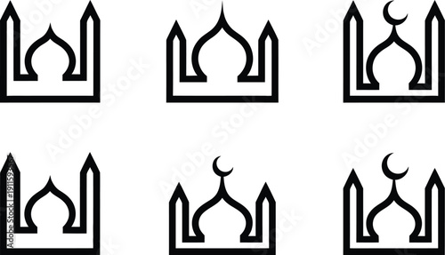 Six outline mosque icons with clean lines, representing various Islamic architectural designs for digital use