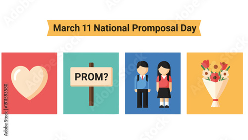 National Proposal Day March 11 concept banner with love icons, proposal sign, romantic couple and bouquet symbols, colorful flat vector illustration about engagement, romance and relationship celebrat