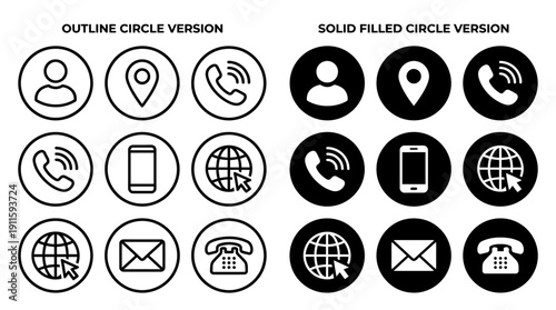 Collection of phone and communication icons in outline and solid filled circle versions on a white background