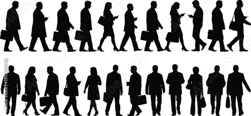 Business people walking silhouette illustration, professional office workers carrying bags isolated white background